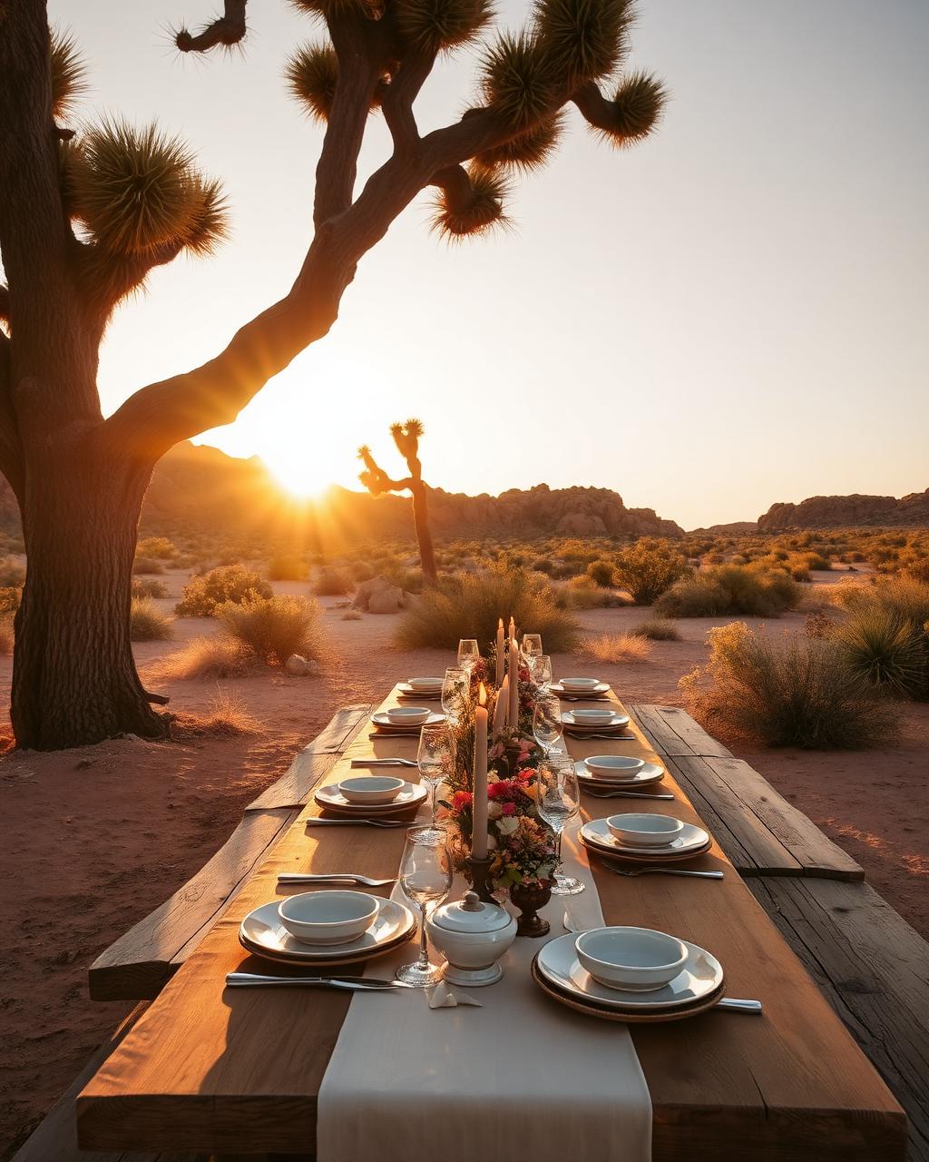 Long wooden dinner table set under a Joshua Tree at golden hour