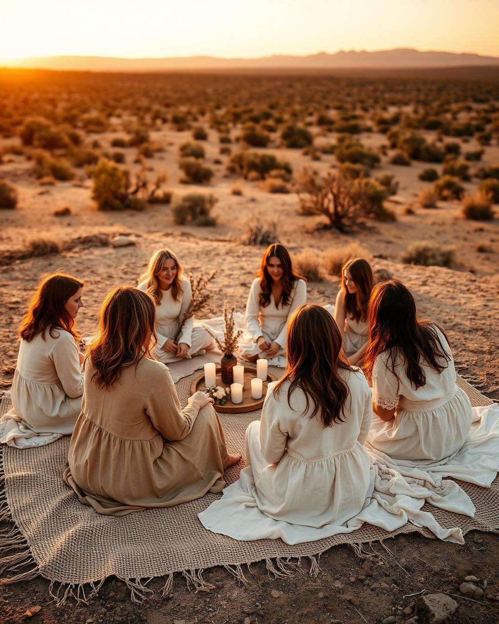 Circle of women in linen at golden hour in the desert