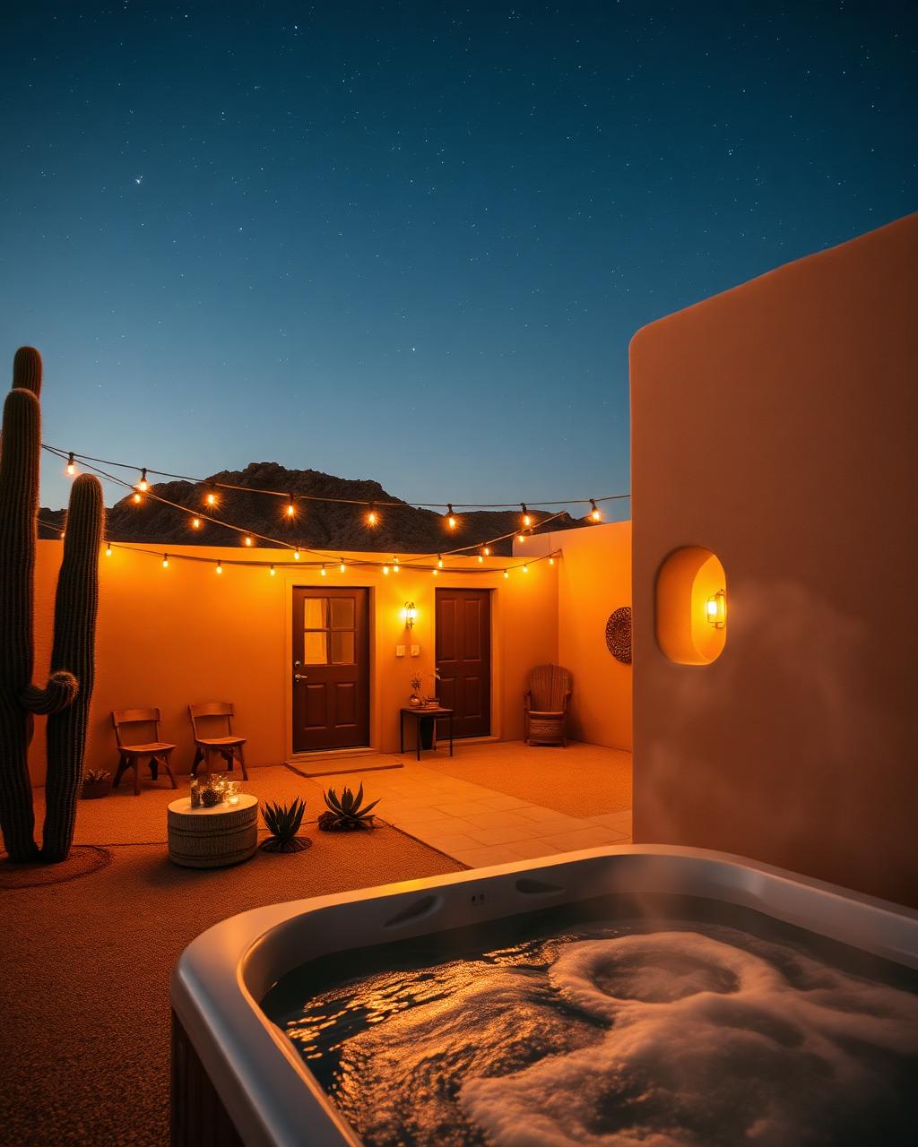 Desert casita at dusk with hot tub and string lights